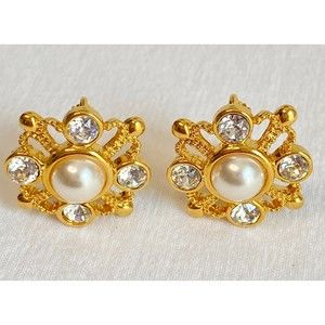 💎Napier Earrings Gold Tone Faux Pearl And Rhinestone Snowflake Clip On
